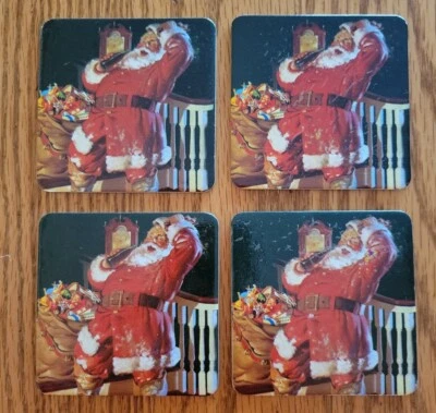 4 Vtg Coca Cola Christmas Coasters Coke Santa Claus Toy Bag Cardboard Cork NEW - Image 1 of 4