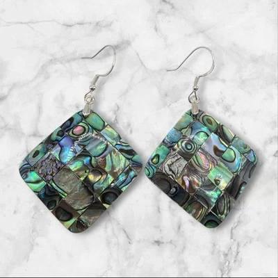 Genuine Abalone Shell Square Dangle Earrings Sterling Silver 925 Hook Closure - Image 1 of 4