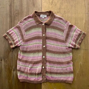 L SPACE CROCHET STRIPED CARDIGAN Women’s sz S Brown Pink Green Button Down - Picture 1 of 9