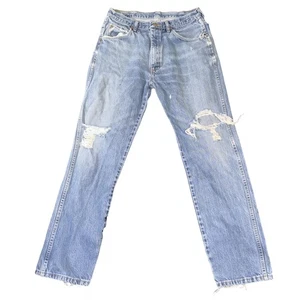 Western Jeans Herren 33x30 blau helle Waschung distressed gerippt gerader ausgefranster Saum - Bild 1 von 9