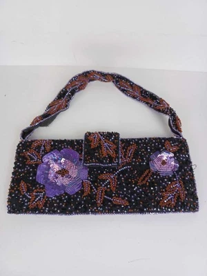 Aftershock 100% Silk Beaded Clutch Bag Handbag Black Purple Sequin Bead - Image 1 of 4
