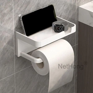 Toilet Paper Roll Holder Bathroom Shelf Wall Mounted With Mobile Phone Storage - Picture 1 of 7