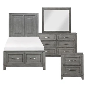 4 PC GREY TWIN FOOTBOARD STORAGE BED NS DRESSER MIRROR BEDROOM FURNITURE SET - Picture 1 of 17