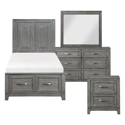 4 PC GREY TWIN FOOTBOARD STORAGE BED DRESSER MIRROR BEDROOM FURNITURE SET - Image 1 of 4