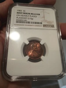 1983 NGC MINT ERROR MS 63 RB LINCOLN CENT ON HEAVILY PLATED PLANCHET 2.9g - Picture 1 of 5