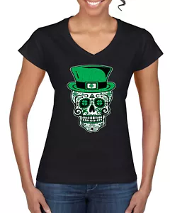 Saint Patricks Day of the Dead Sugar Skull Women Standard V-Neck Tee - Picture 1 of 4