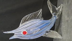 Vintage Murano Style Art Glass Clear With Blue Stripes Fish Figurine - Picture 1 of 7