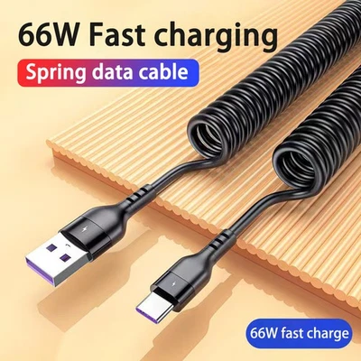Cable de carga rápida USB a tipo C retráctil de resorte de coche para Samsung Android - Imagen 1 de 4
