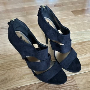 Sheikh 5” Stilleto Heel 1” Platform Black Suede Zip Heel Sandal Shoe Size 9 NWOB - Picture 1 of 11