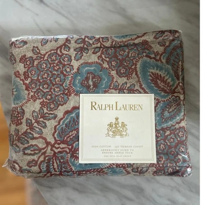 Ralph Lauren 90s Aix-En-Provence Tan Red Blue Floral FULL FLAT Sheet - Image 1 of 4