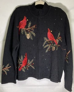 VTG Heirloom Collectibles Christmas Sweater Womens XL Black Cardinals Beaded Zip - Picture 1 of 21