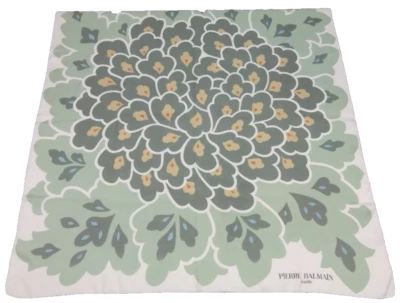 PIERRE BALMAIN Paris Fine Silk Scarf VINTAGE 1960S Green leafs hand rolled edges - Image 1 of 4