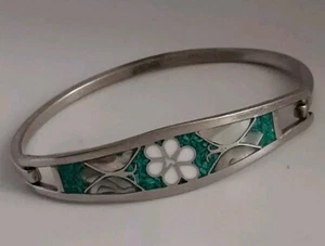 Vintage Mexico Alpaca Silver Hinged Bracelet Abalone Inlay Flower Butterfly  - Picture 1 of 10