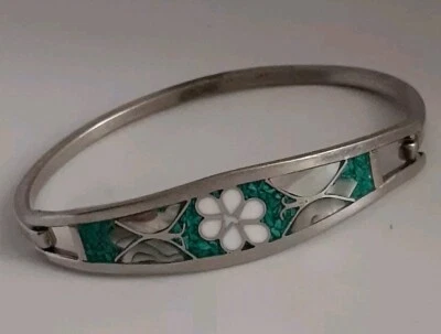 Vintage Mexico Alpaca Silver Hinged Bracelet Abalone Inlay Flower Butterfly  - Image 1 of 4
