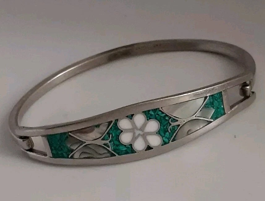 Vintage Mexico Alpaca Silver Hinged Bracelet Abalone Inlay Flower Butterfly  - Image 1 of 4