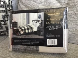 Grace Elizabeth 3 Piece Queen Duvet Set - Black & Cream Buffalo Check - NEW - Picture 1 of 4
