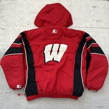 Vintage 90s NCAA Starter Wisconsin Badgers Pull Over 1/2 Zip Hooded Jacket Sz XL
