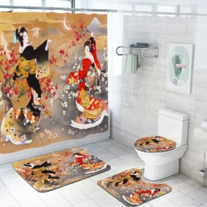 Conjunto abstracto de cortina de ducha de arte geisha niña alfombra antideslizante cubierta de inodoro - Imagen 1 de 12
