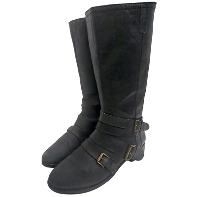 Joie Womens Black Leather Knee Buckle 3 Strap Boots Flat Heel Size 38US 8 UK 5 — 第 1/4 张图片