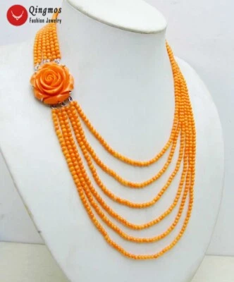 3mm Round Natural Orange Natural Coral Necklace for Women Jewelry 6 Strand 18'' - Image 1 of 4