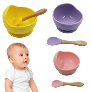 Baby Suction Bowl with Bamboo Spoon Set Kids Silicone Plates Feeding