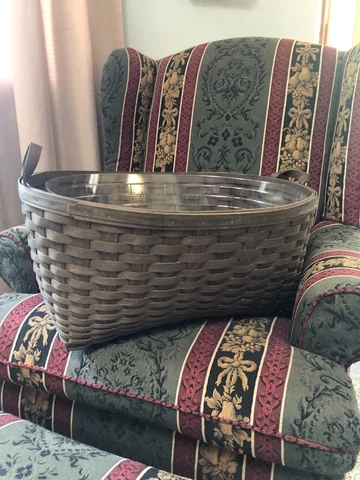 Longaberger 2008 Brown Oval Laundry Basket w Leather Handles & Protector Cover