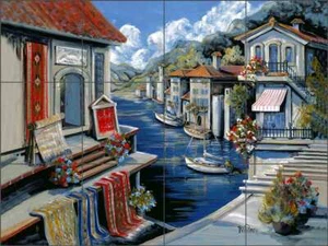 Mural de cerámica artística de azulejos mediterráneos Tisha Whitney Village POV-TWA015 - Imagen 1 de 2