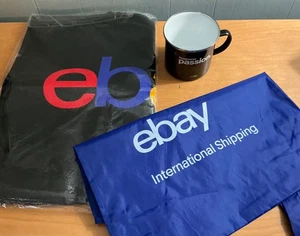 NEW Ebay Open Swag black white enamel metal Mug blue bag large black bag merch - Picture 1 of 3