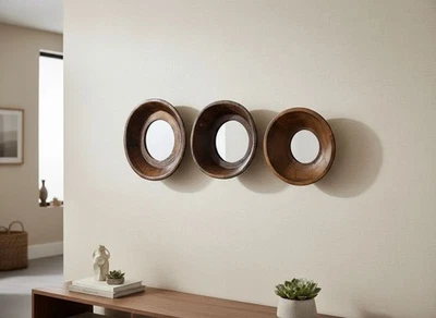 Set of 3 Rustic Hand-Carved Wooden Parat Wall Mirrors (India) 14.5”-13.5”-12.5 - Image 1 of 4