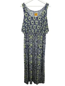 Ruby Rd Womens PXL Maxi Dress Tribal Print Sleeveless Navy Lime Boho Travel - Picture 1 of 7