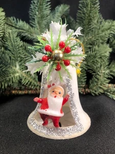 Vintage Christmas~ Flocked Diorama Ornament~ Bell Shape With  Santa Figure - Picture 1 of 11