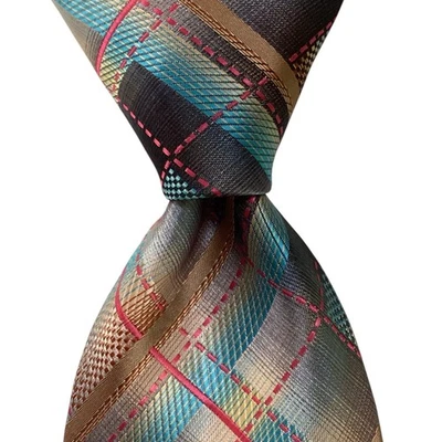 STACY ADAMS Men's 100% Microfiber Necktie Designer PLAID Gray/Tan/Pink/Blue EUC - Image 1 of 3