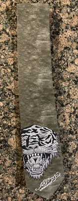 Corbata de cuello Ed Hardy Tiger tatuaje para hombre clásica verde oliva gris seda negra nueva Foto 1 de 4