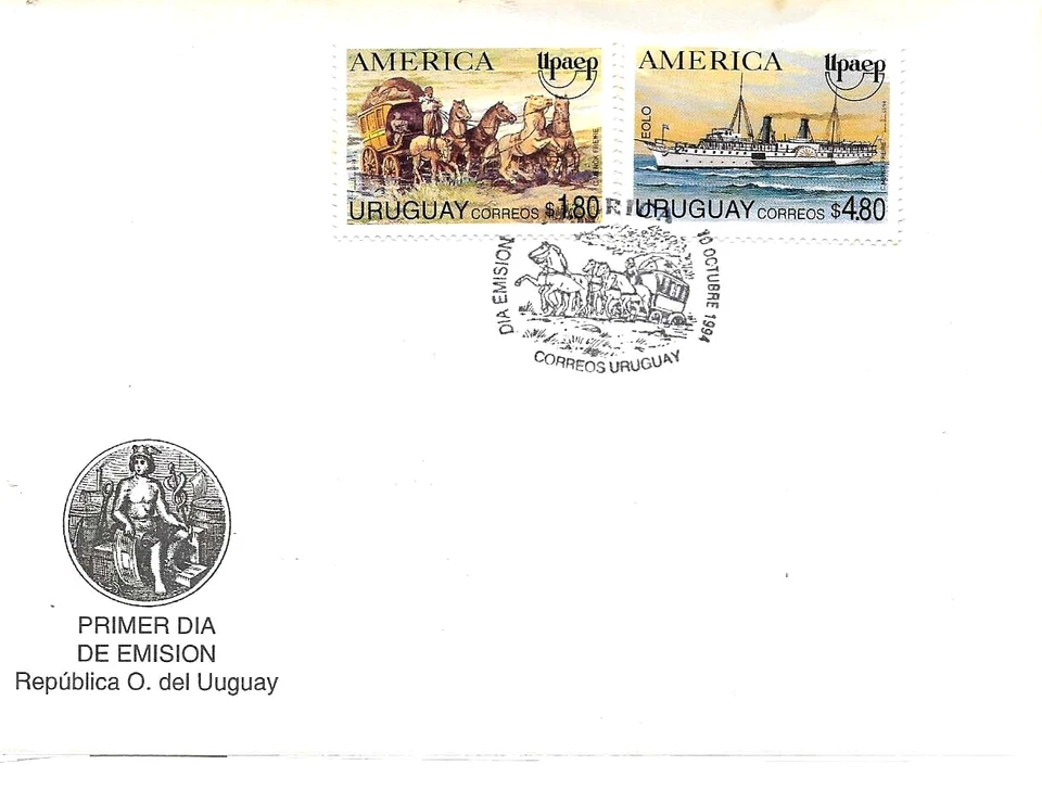 #5027 URUGUAY 1994 UPAEP AMERICA POSTAL TRANSPORT SHIP,HORSE YV 1487-8 FDC - Image 1 of 1