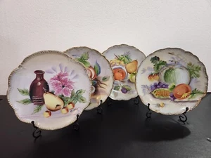 Juego de 4 platos vintage pintados a mano Ucagco Japón 8" escenas de frutas borde dorado - Imagen 1 de 9