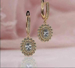 2 Ct Oval Cut Moissanite Lab-Created Dangle Drop Earrings 14K Yellow Gold Plated - Picture 1 of 4
