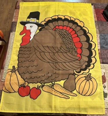 "Peregrino de Acción de Gracias Pavo Cosecha Patio Porche Bandera Doble Cara 28""x42""" Foto 1 de 4