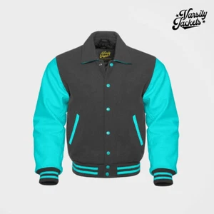 Dark Gray body Turquoise Sleeves Pro Varsity Jacket Letterman Baseball College - Picture 1 of 5