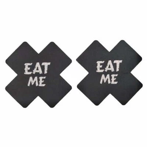 Pair Of "Eat Me" Nipple Pasties Black White Raunchy Sexy Cover Breast (2 Count) - Picture 1 of 1