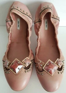 MIU MIU AMAZING WASHED PINK LEATHER EMBELLISHED FLATS EU 38.5 40 I LOVE SHOES - Picture 1 of 8