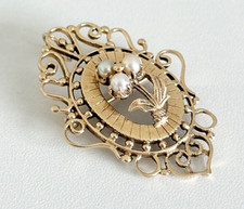 Vintage 14K Yellow Gold Ornate Filigree Framed Pearl Flower Brooch Pin Pendant