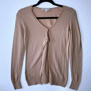 LOFT Women's Size Small Ruffle Pullover Sweater V-Neck Career Tan Wool Blend  - Picture 1 of 9