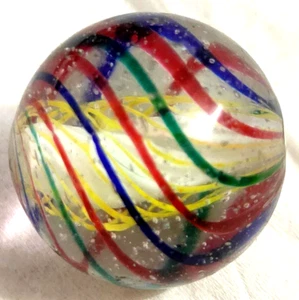 TOY MARBLE 1'' 3 level, white divided core ,yellow latticinio, &8 ribbons 4 +2+2 - Picture 1 of 24