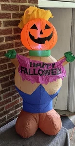 4' Inflatable LED Halloween Harvest Pumpkin Boy Holding "Happy Falloween" Banner - Picture 1 of 8