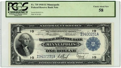 FR.735 $1 1918 FRBN Minneapolis CH About New 58 PCGS Currency 950750-38 - Image 1 of 3