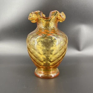 Fenton Amber Gold Diamond Optic Pattern Glass Vase Ruffled Top 6-1/2" Vintage - Picture 1 of 11