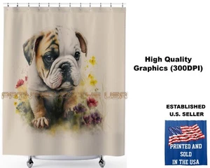 Bulldog Cachorro Toro Perro Floral Acuarela Arte #2 Cortina de Ducha Estándar de Baño - Imagen 1 de 5