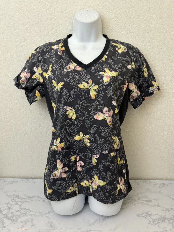 Cherokee Womens S Flexibles Scrub Top Nurse Work Uniform Butterfly Pattern P - Image 1 of 4