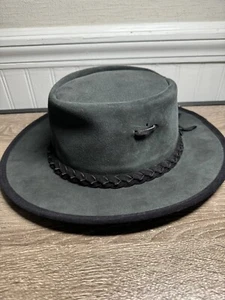 Vintage Hat The Swagman Cowhide Black Mens Sz Medium Crocodile Dundee Australia - Picture 1 of 6