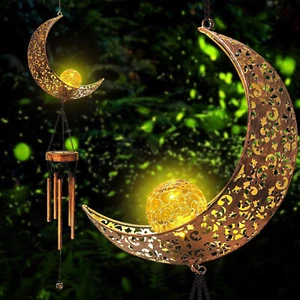 Solar LED Light Lamp Moon Wind Chimes Outdoor Home Solar Crackle Glass Ball Lamp - Picture 1 of 6